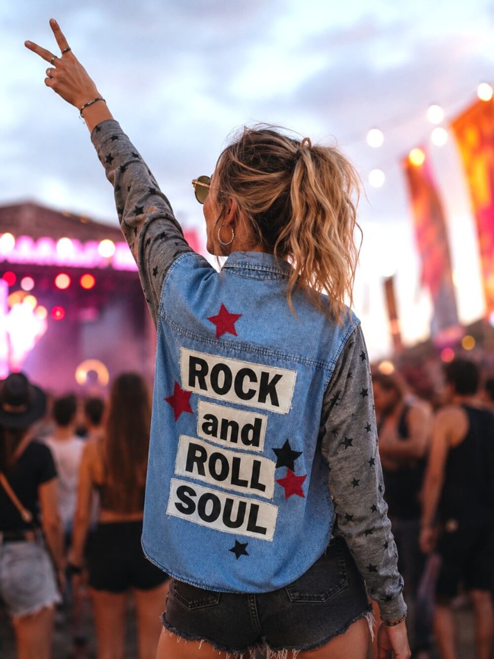 Upcycled Denim Jacket Rock and Roll Patches & Stars Concert Shirt Sz Medium